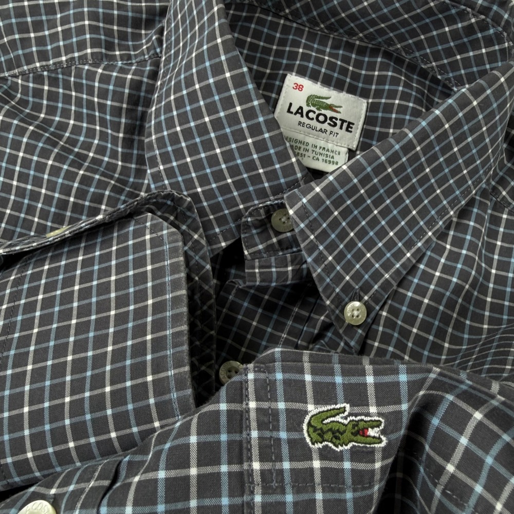 Lacoste Mens Shirt Size 38 Small Gray Blue Plaid Regular Fit Button Down Preppy